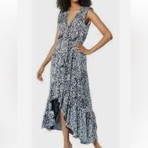 Ramy Brook Berlin High Low Maxi Dress Abstract Blue and White Animal Print Med